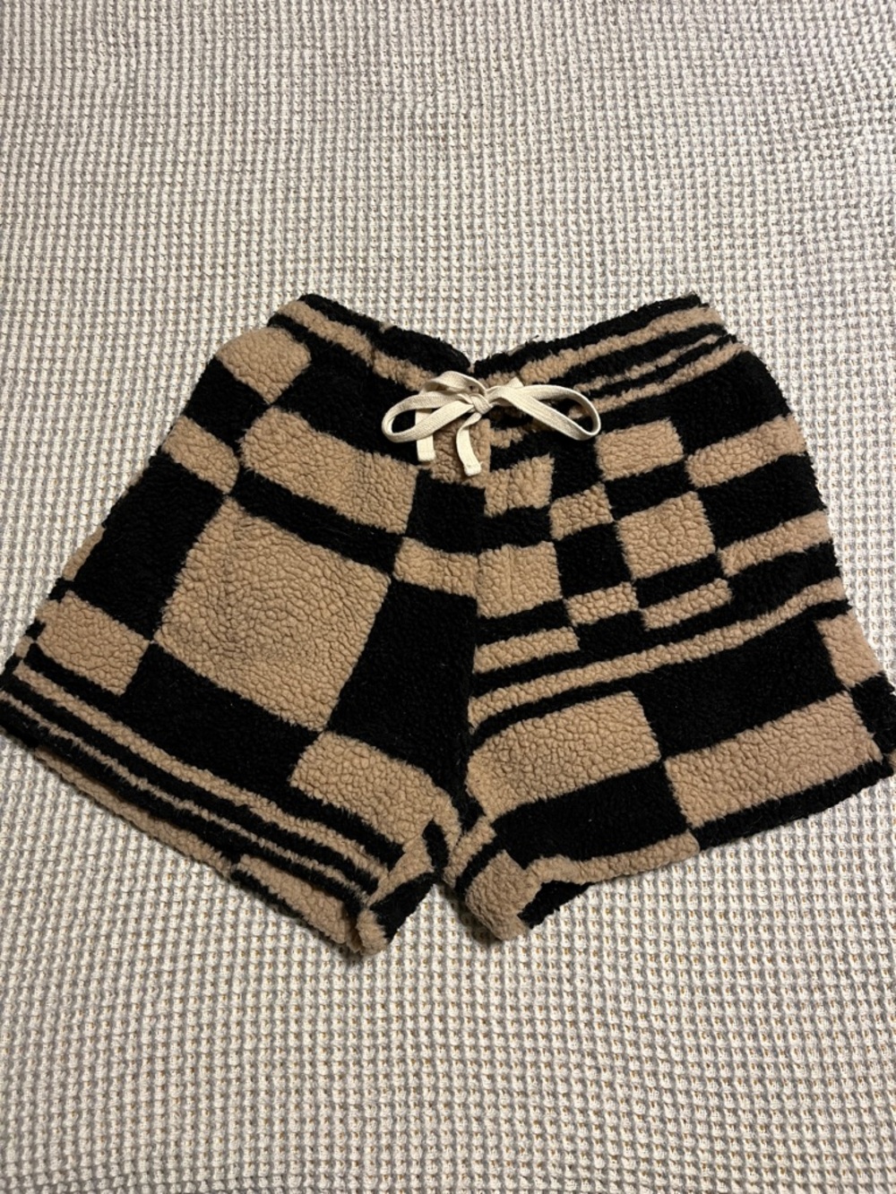 Urban Outfitters Black and Tan Checkerboard Sherpa Shorts